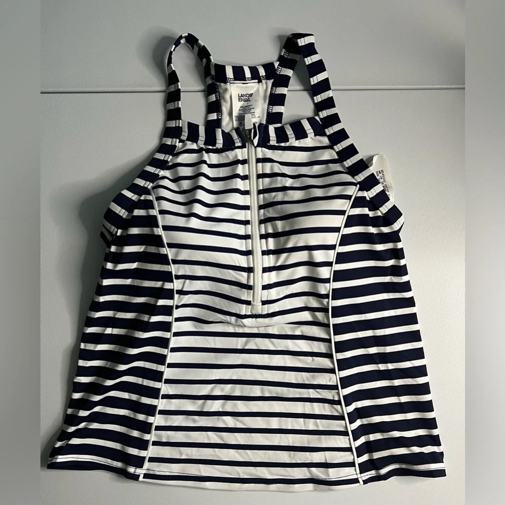 Lands' End Navy and White Striped Swim Top
